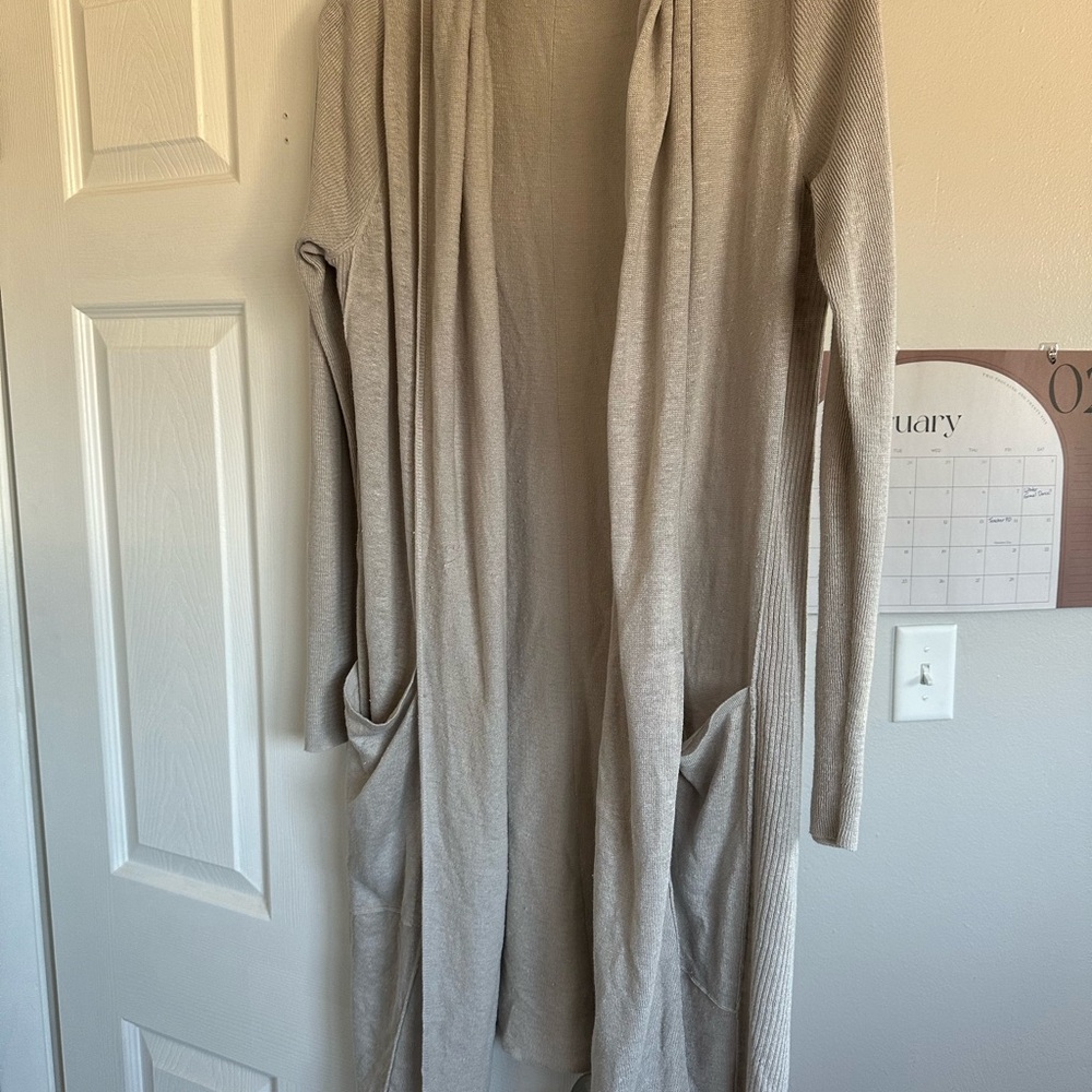 360 Sweater Tan Long Cardigan with Open Front and Relaxed Fit